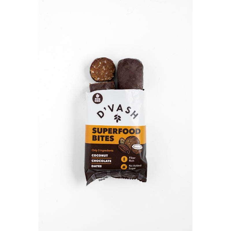 coconut superfood bites opened package with bite cut up 
