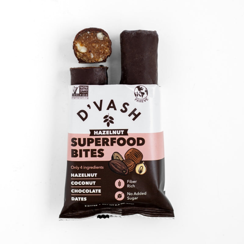 hazelnut superfood bites opened package with bite cut up 
