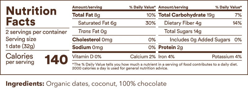 nutritional facts. ingredients: organic dates, coconut, 100% chocolate